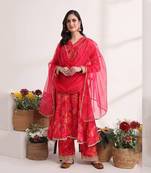  pink ethnic motifs,lace work anarkali kurta and trouser with dupatta set